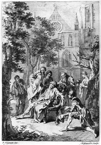 V näytös kohtaus vii William Shakespearen (1564-1616) "Kuningas Johnista" kaivertanut Hubert Gravelot (1699-1773) tekijältä Francis Hayman