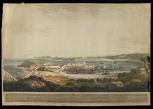 Etelänäkymä Korunnasta lähellä Pyhän Margaretin luostaria, H. Merken kaiverrus, julkaistu vuonna 1809 (värillinen akvatinta) tekijältä Francis Lee
