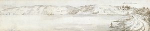 Oystermouthin linna, noin 1678 (vesiväri ja ruskea muste paperille). tekijältä Francis Place