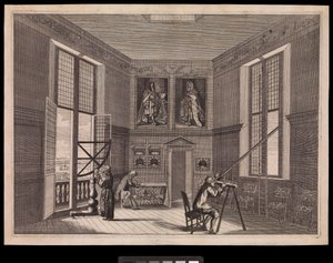 Kolme hahmoa käyttämässä tähtitieteellisiä laitteita Kuninkaallisen observatorion suuressa tähtihuoneessa tai Octagon-huoneessa, kuten se nykyään tunnetaan, noin 1676 (kaiverrus). tekijältä Francis Place