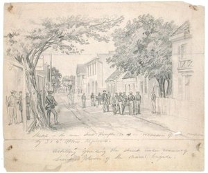 "Main Street, Hampton, Virginia... tykistö vartioi katua" n. 1860 (kynä paperilla) tekijältä Francis Schell