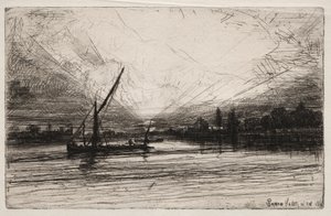 Auringonlasku Thamesilla, 1862. tekijältä Francis Seymour Haden