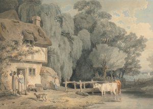 Country Scene: Figuurit mökin oven vieressä ja karja virrassa