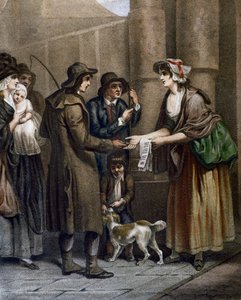 Uusien kappaleiden nuottien myyjä, kaiverrus Francis Wheatley (1747-1801) Criesistä Lontoossa, Yhdistyneessä kuningaskunnassa tekijältä Francis Wheatley