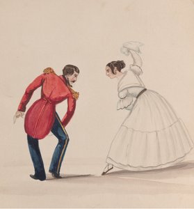 Perulainen mies ja nainen tanssivat Zamacuecaa piirustusryhmästä, joka kuvaa..., n. 1848.
