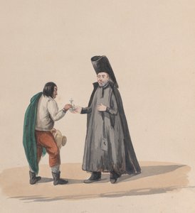 Kanoni, joka luovuttaa krusifiksin miehelle, piirustusryhmästä, joka kuvaa perulaista pukua, 1848. tekijältä Francisco