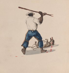Mies takaa katsottuna lyömässä koiraa kepillä, piirrosryhmästä, joka kuvaa..., n. 1848