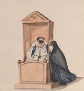 Nainen tunnustamassa papille piirustusryhmästä, joka kuvaa perulaista pukua, n. 1848.