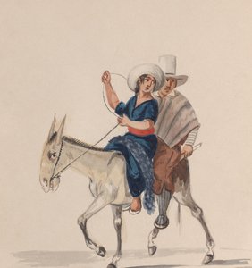 Intialainen mies ja nainen ratsastamassa aasilla, ryhmästä piirustuksia, jotka kuvaavat Perulaista..., n. 1848.