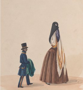 Tyylikkäästi pukeutunut nainen ja hänen sivunsa, ryhmästä Perulaista..., n. 1848. tekijältä Francisco