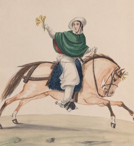 Tyylikkäästi pukeutunut nainen hevosen selässä, ryhmästä piirustuksia, jotka kuvaavat Perulaista..., n. 1848.