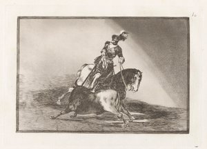 Carlos V. lanceando un toro en la plaza de Valladolid (Charles V keihäämässä härkää kehässä Valladolidissa), levy 10 La tauromaquiasta tekijältä Francisco de Goya