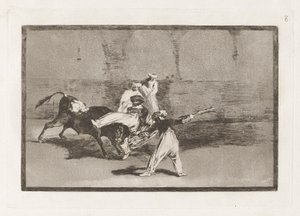 Cogida de un moro estando en la plaza (Mauri, jonka härä on vanginnut kehässä), levy 8 La tauromaquiasta tekijältä Francisco de Goya
