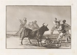 Rabble Hamstring härkä lansseilla, sirpeillä, banderillalla ja muilla käsivarsilla, levy 12 La tauromaquiasta tekijältä Francisco de Goya