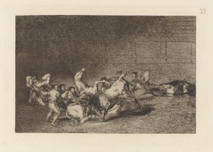 Kaksi Picador-joukkuetta, jotka yksi härkä heitti peräkkäin, levy 32 La tauromaquiasta tekijältä Francisco de Goya