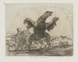 Lihansyöjäkorppikotka. (The Carnivorous Vulture.), pl. 76 sarjasta The Disasters of War tekijältä Francisco de Goya