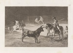 El c?lebre Fernando del Toro, barilarguero, pakottaa pedon tangollaan (juhlittu Picador, Fernando del Toro, vetää kiihkeän pedon Piquellä), levy 27 La tauromaquiasta tekijältä Francisco de Goya