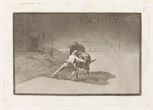 Kuuluisa Martincho laittaa banderillat al quiebro (kuuluisa Martincho asettaa banderillat leikkimään härkää kehonsa liikkeellä), levy 15 La tauromaquiasta tekijältä Francisco de Goya