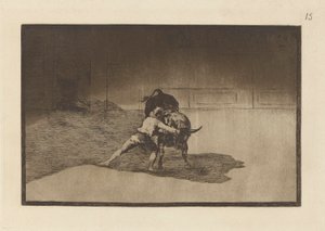 Kuuluisa Martincho, joka laittaa banderillot tauolle. (Kuuluisa Martincho asettaa banderillat leikkimään härkää kehonsa liikkeellä), levy 15 La tauromaquiasta tekijältä Francisco de Goya
