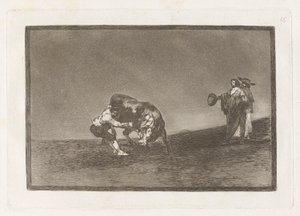 Hän itse heittää härän Madridin aukiolle (Sama mies heittää härän kehään Madridissa), levy 16 La tauromaquiasta tekijältä Francisco de Goya