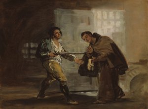 Friar Pedro tarjoaa kenkiä El Maragatolle ja valmistautuu työntämään aseensa syrjään, c. 1806. tekijältä Francisco de Goya