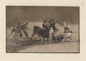 Palenque de los moros hecho con burros para defendere del toro embolado (maurit käyttävät aaseja esteenä puolustaakseen itseään härkää vastaan, jonka sarvia on tippunut palloilla), levy 17 La tauromaquiasta tekijältä Francisco de Goya