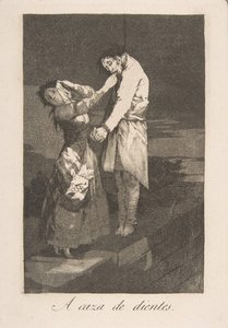 Kilpi 12 Los Caprichosista: Hampaiden metsästys A caza des dientes., 1799. tekijältä Francisco de Goya