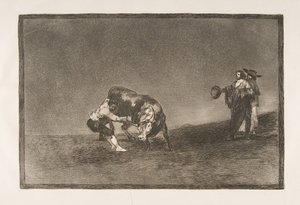 Tauromaquian levy 16: Sama mies heittää härän kehään Madridissa., 1816. tekijältä Francisco de Goya