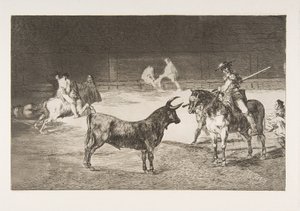 Tauromachian levy 27: Juhlattu pistäjä Fernando del Toro vetää tulen..., tekijältä Francisco de Goya