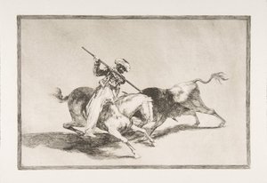 Tauromaquian levy 5: Henkinen mauri Gazul on ensimmäinen, joka keihää sonnin..., 1816. tekijältä Francisco de Goya