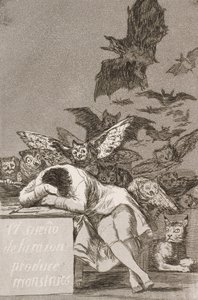 Järjen uni tuottaa hirviöitä (nro 43) Los Caprichosista tekijältä Francisco de Goya
