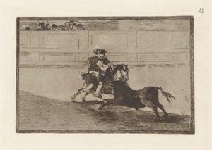 Un caballero espa?ol en plaza quebrando rejoncillos sin auxilio de los chulos (espanjalainen ratsu ritari renkaassa murtamassa lyhyitä keihää ilman avustajien apua), levy 13 La tauromaquiasta tekijältä Francisco de Goya