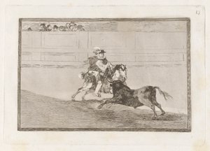 Un caballero espa?ol en plaza quebrando rejoncillos sin auxilio de los chulos (espanjalainen ratsu ritari renkaassa murtamassa lyhyitä keihää ilman avustajien apua), levy 13 La tauromaquiasta tekijältä Francisco de Goya