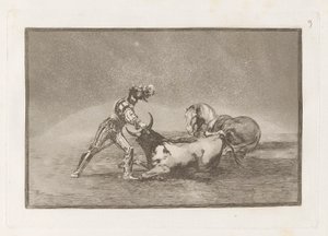 Espanjalainen ritari tappaa härän hevosensa menettämisen jälkeen (espanjalainen ritari tappaa härän hevosensa menettämisen jälkeen), levy 9 La tauromaquiasta tekijältä Francisco de Goya