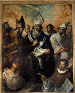 Pyhä Vasilis sanelemassa oppiaan Pyhä Basil Cesareelainen tai Basil Suuri (330-379), munkki, Cesaree of Cappadocia, kirkon tohtori. Francisco Herreran (1585-1657) maalaus (esp.) 1639 Su. 2,43x1,94 m
