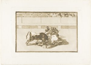 Picador on hevoston ja putoaa härän alle, levy 26 julkaisusta The Art of Bullfighting tekijältä Francisco Jose de Goya y Lucientes