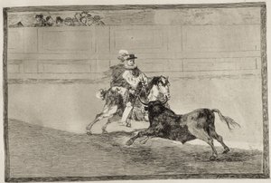 GOYA Y LUCIENTES, Francisco de (1746-1828). Um cavaleiro espanhol montado no ringue quebrando lanças curtas sem a ajuda de assistentes. 1816. Gravura. ESPANHA. MADRID (COMUNIDADE AUTÓNOMA). Madri. Biblioteca Nacional finlandesa tekijältä Francisco Jose de Goya y Lucientes