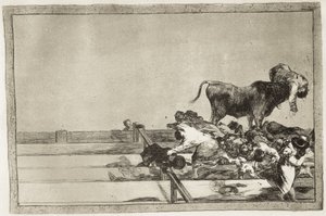 GOYA Y LUCIENTES, Francisco de (1746-1828). Kauhistuttavat tapahtumat kehässä Madridissa ja Torrejonin pormestarin kuolema vuonna 1801. 1816. Levy 21 "Härkätaistelun taide". Etsaus. ESPANJA. MADRID (AUTONOMOUS YHTEISÖ). Madrid. kansallinen tekijältä Francisco Jose de Goya y Lucientes