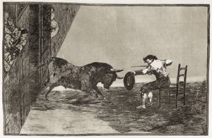 GOYA Y LUCIENTES, Francisco de (1746-1828). Martinchon (todennäköisesti Antonio Ebassumin) rohkeus kehässä Saragossassa. 1816. (24,9 x 35,7 cm). Levy 18 "Härkätaistelun taito". Etsaus. ESPANJA. MADRID (AUTONOMOUS YHTEISÖ). Madrid. Kansalliskirjasto tekijältä Francisco Jose de Goya y Lucientes
