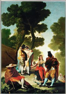 La maja y los Embozados - Maja ja viittamaiset miehet, pilapiirros kuvakudosta varten 40-06-09/42 ... (maalaus kankaalle) tekijältä Francisco Jose de Goya y Lucientes