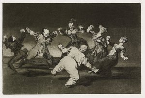 Merry Folly (Disparate alegre), levy 12 "Los Proverbiosista", n. 1819-24 (etsaus, akvatinta, lavis, kiillotuskone, kuivakärki ja poltto paperille) tekijältä Francisco de Goya