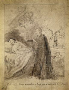Saint Francois (Francis) Borgia (1510-1578) kuolevan katumattoman sängyn vieressä. Piirustus 1788, Francisco de Goya y Lucientes (1746-1828). Luonnos samannimiseen maalaukseen Ausunan perheen tilauksesta. Prado-museo, Madrid.