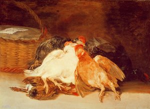 Asetelma kuolleilla kanoilla ja pajukori (öljy kankaalle) tekijältä Francisco de Goya