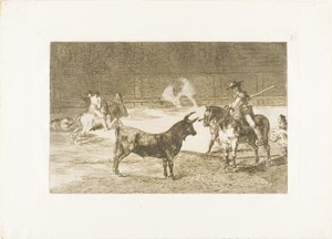 Juhlittu Picador, Fernando del Toro, vetää kiihkeän pedon piquellään, levy 27 elokuvasta The Art of Bullfighting tekijältä Francisco Jose de Goya y Lucientes