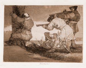 Sodan katastrofit: Barbaarit! (Kaiverrus valmistelupiirustuksen jälkeen tekijältä Francisco de Goya