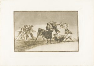 Maurit käyttävät aaseja esteenä puolustaakseen itseään härkää vastaan, jonka sarvet on kärjetty palloilla, levy 17 julkaisusta The Art of Bullfighting tekijältä Francisco Jose de Goya y Lucientes