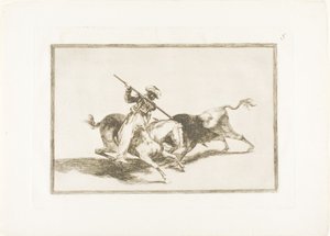 Hengellinen mauri Gazul on ensimmäinen, joka keihää sonnien sääntöjen mukaan, levy viisi teoksesta The Art of Bullfighting tekijältä Francisco Jose de Goya y Lucientes