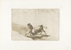Erittäin taitava valheen oppija, viittaansa käärittynä, huijaa härkää ruumiillaan, levy 14 Härkätaistelun taidosta tekijältä Francisco Jose de Goya y Lucientes