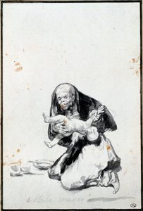 Paha nainen (Mala mujer). Paha nainen. Antropofagian kohtaus, noita nielee lapsen. Harmaa pesu, Francisco Goya y Lucientes (1746-1828) Sun. 0,21 x 0,14 m Pariisi, musee du Louvre tekijältä Francisco de Goya