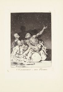 Päivän tauon jälkeen lähdemme pois (Si amanece; nos vamos) Lauta 71 alkaen: Los Caprichos tekijältä Francisco Jose de Goya y Lucientes